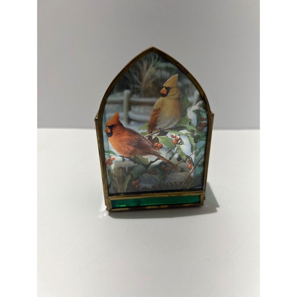 Vintage Stained Glass & Brass Cardinal Tea Light Candle Holder